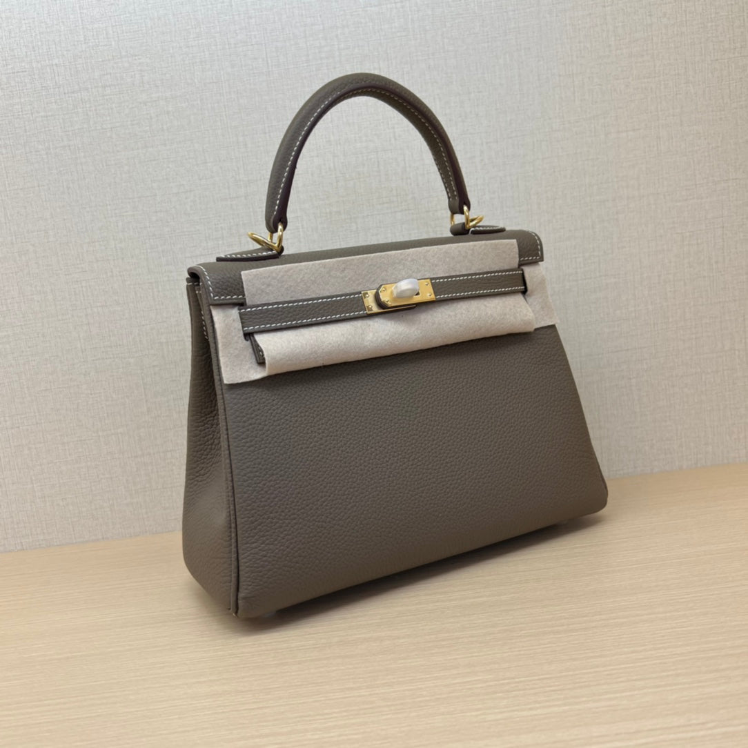 Luxury Two-Tone Leather Top-Handle Handbag - Elegant Brown and Grey Satchel