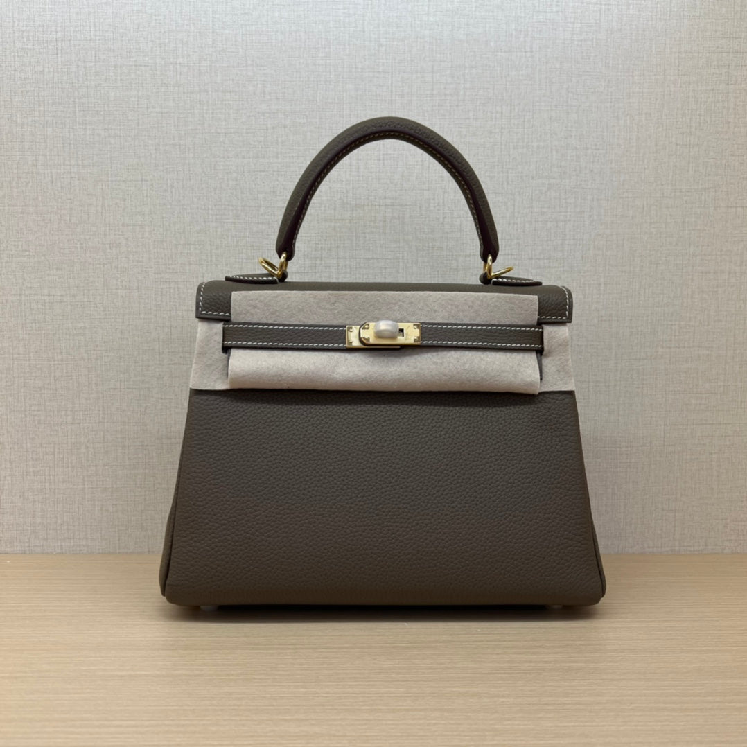Luxury Two-Tone Leather Top-Handle Handbag - Elegant Brown and Grey Satchel