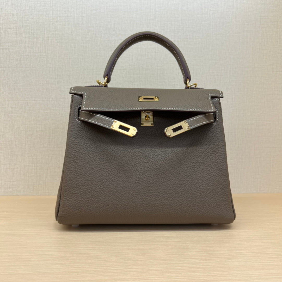 Luxury Two-Tone Leather Top-Handle Handbag - Elegant Brown and Grey Satchel