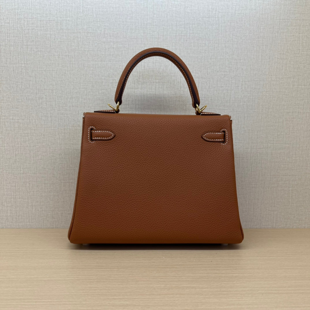 Classic Tan Leather Top Handle Handbag - Structured Luxury Satchel with Gold Hardware