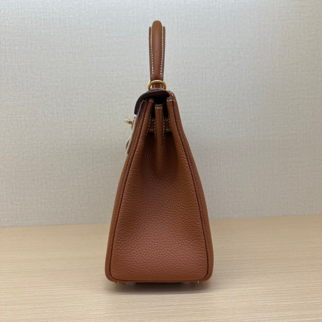Classic Tan Leather Top Handle Handbag - Structured Luxury Satchel with Gold Hardware
