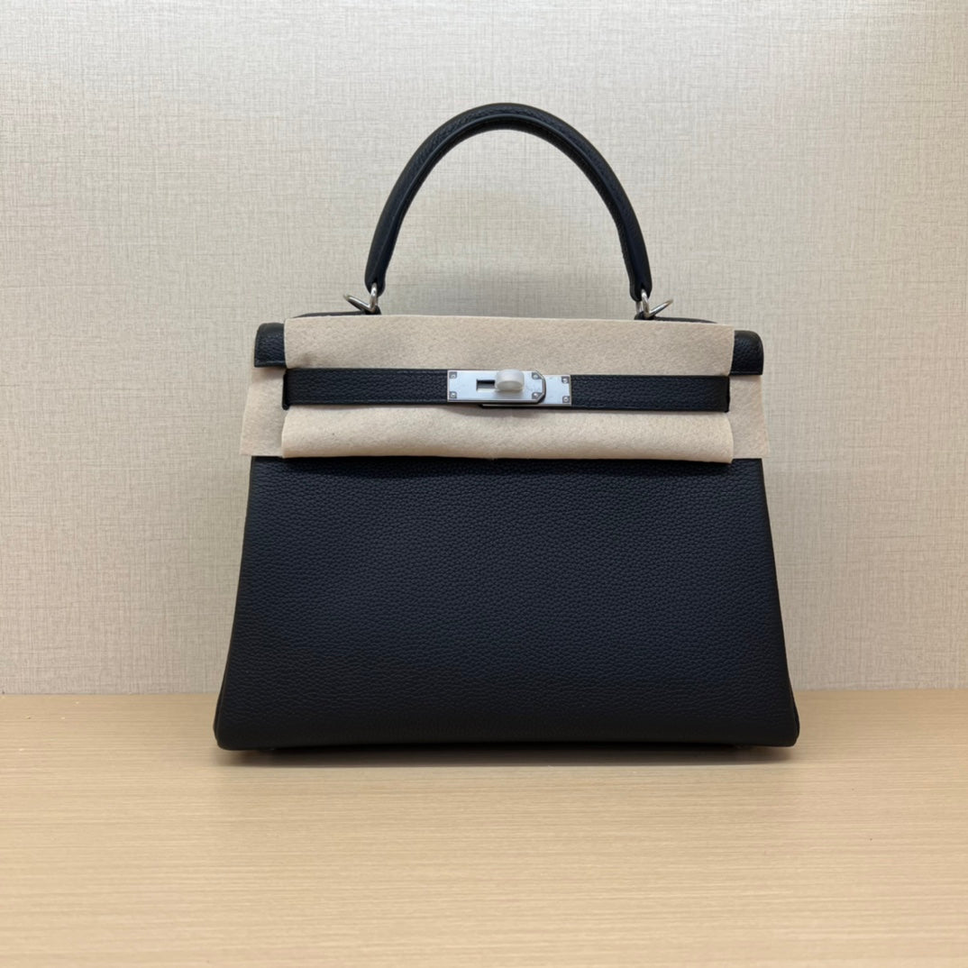 Elegant Black Leather Top-Handle Handbag with Silver-Tone Hardware