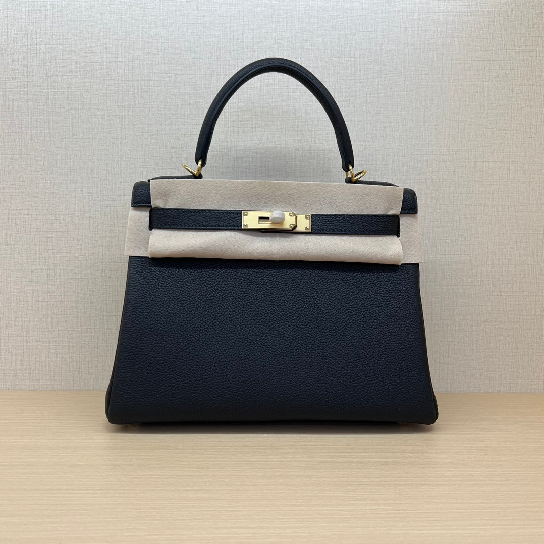 Luxury Two-Tone Leather Top Handle Handbag - Navy Blue &amp; Beige with Gold Hardware