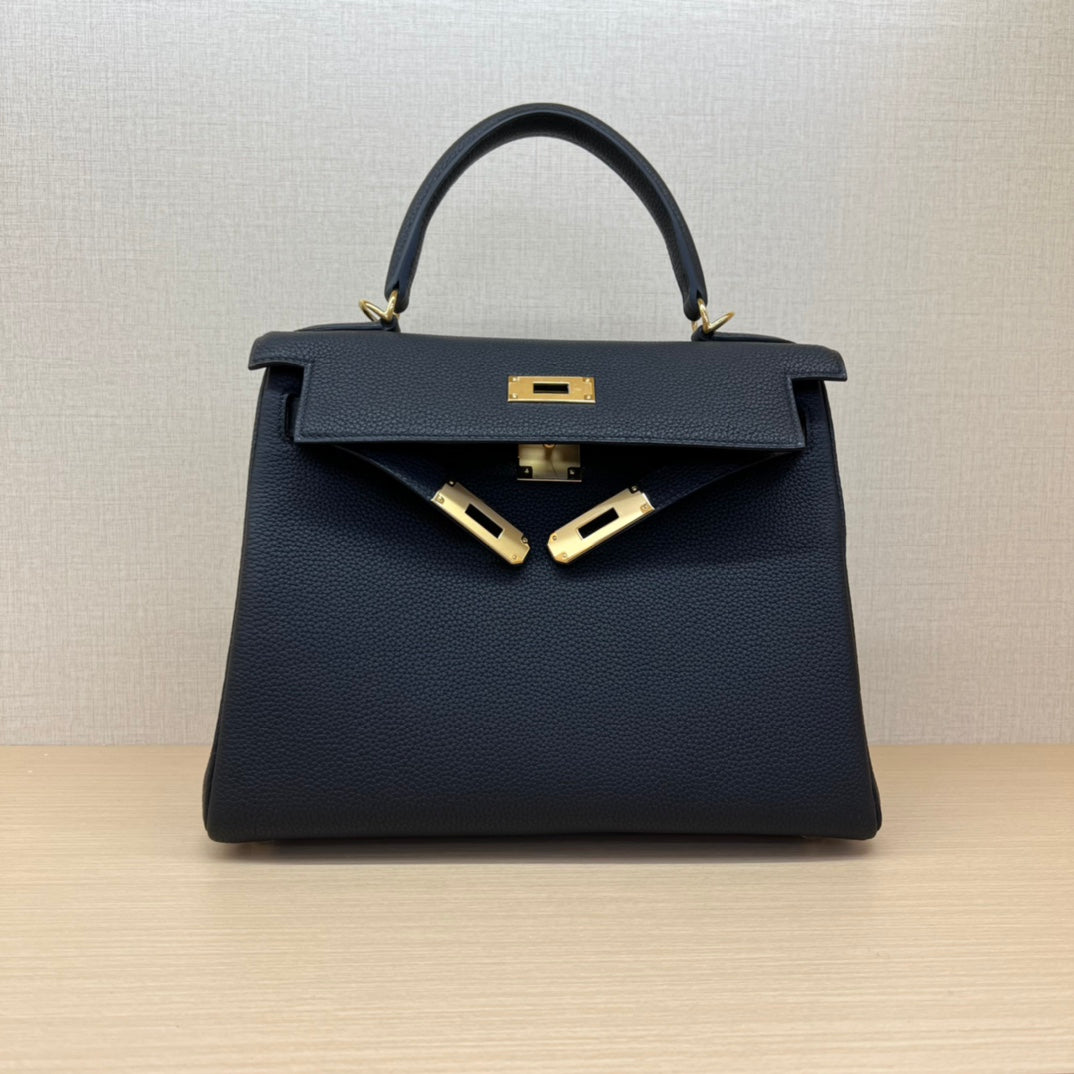 Luxury Two-Tone Leather Top Handle Handbag - Navy Blue &amp; Beige with Gold Hardware