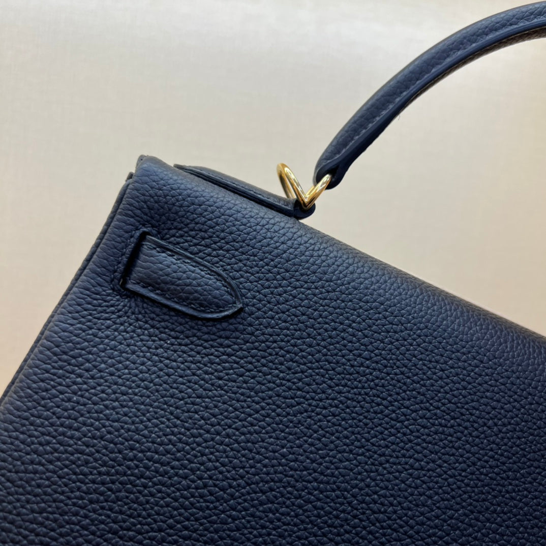 Luxury Two-Tone Leather Top Handle Handbag - Navy Blue &amp; Beige with Gold Hardware
