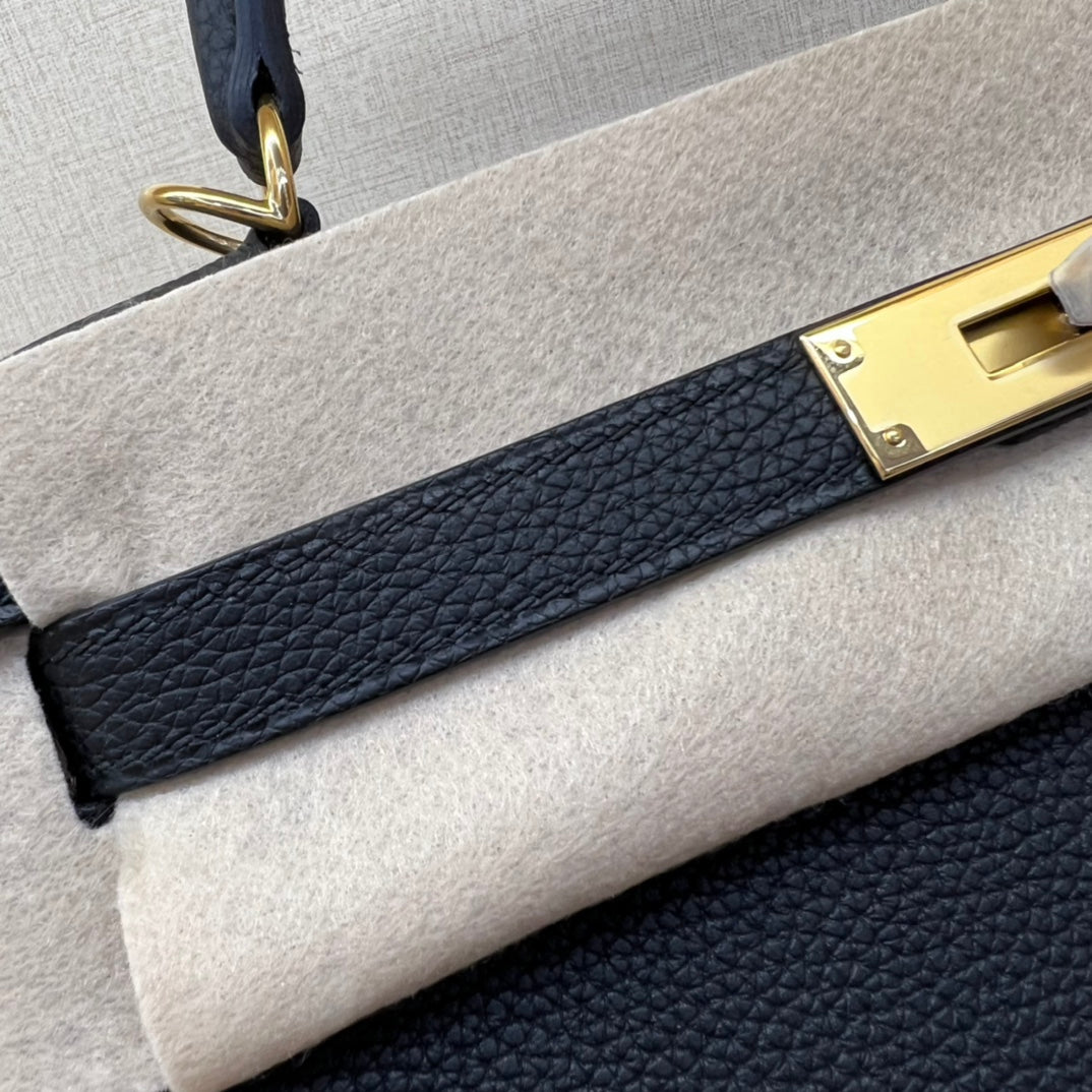 Luxury Two-Tone Leather Top Handle Handbag - Navy Blue &amp; Beige with Gold Hardware