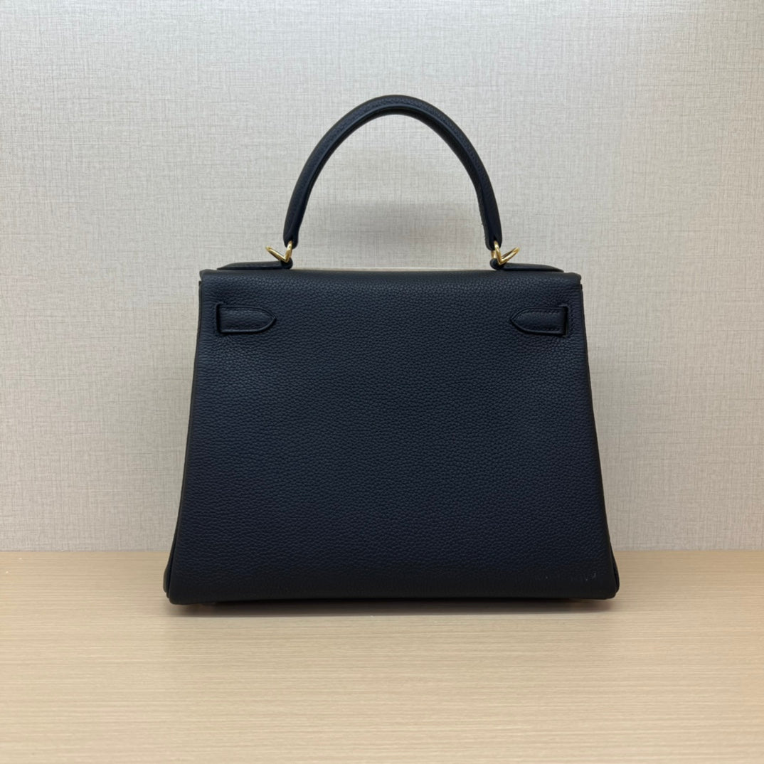 Luxury Two-Tone Leather Top Handle Handbag - Navy Blue &amp; Beige with Gold Hardware