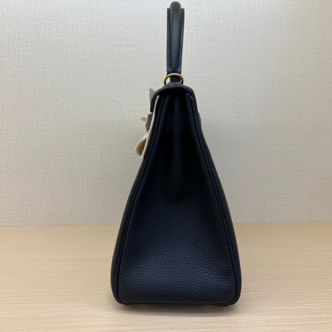 Luxury Two-Tone Leather Top Handle Handbag - Navy Blue &amp; Beige with Gold Hardware