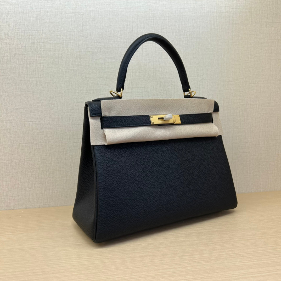 Luxury Two-Tone Leather Top Handle Handbag - Navy Blue &amp; Beige with Gold Hardware