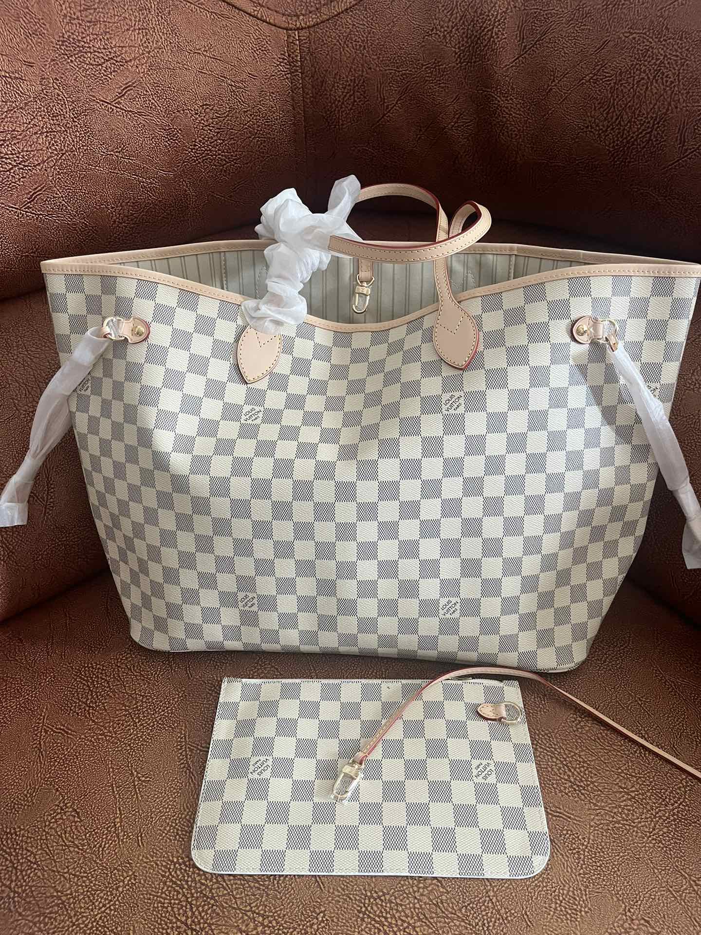 Louis Vuitton Neverfull MM Damier Azur Tote Bag with Pouch