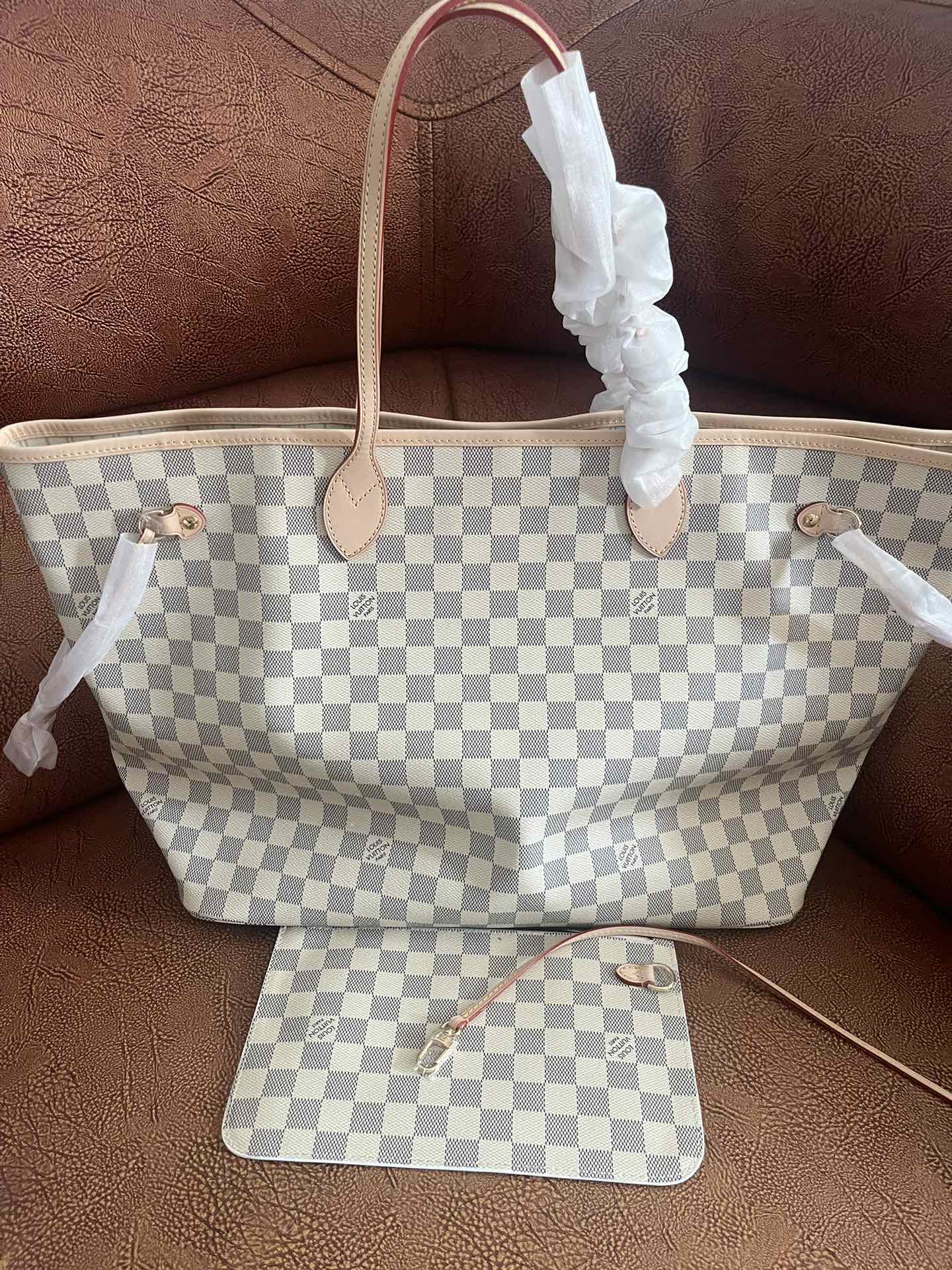 Louis Vuitton Neverfull MM Damier Azur Tote Bag with Pouch