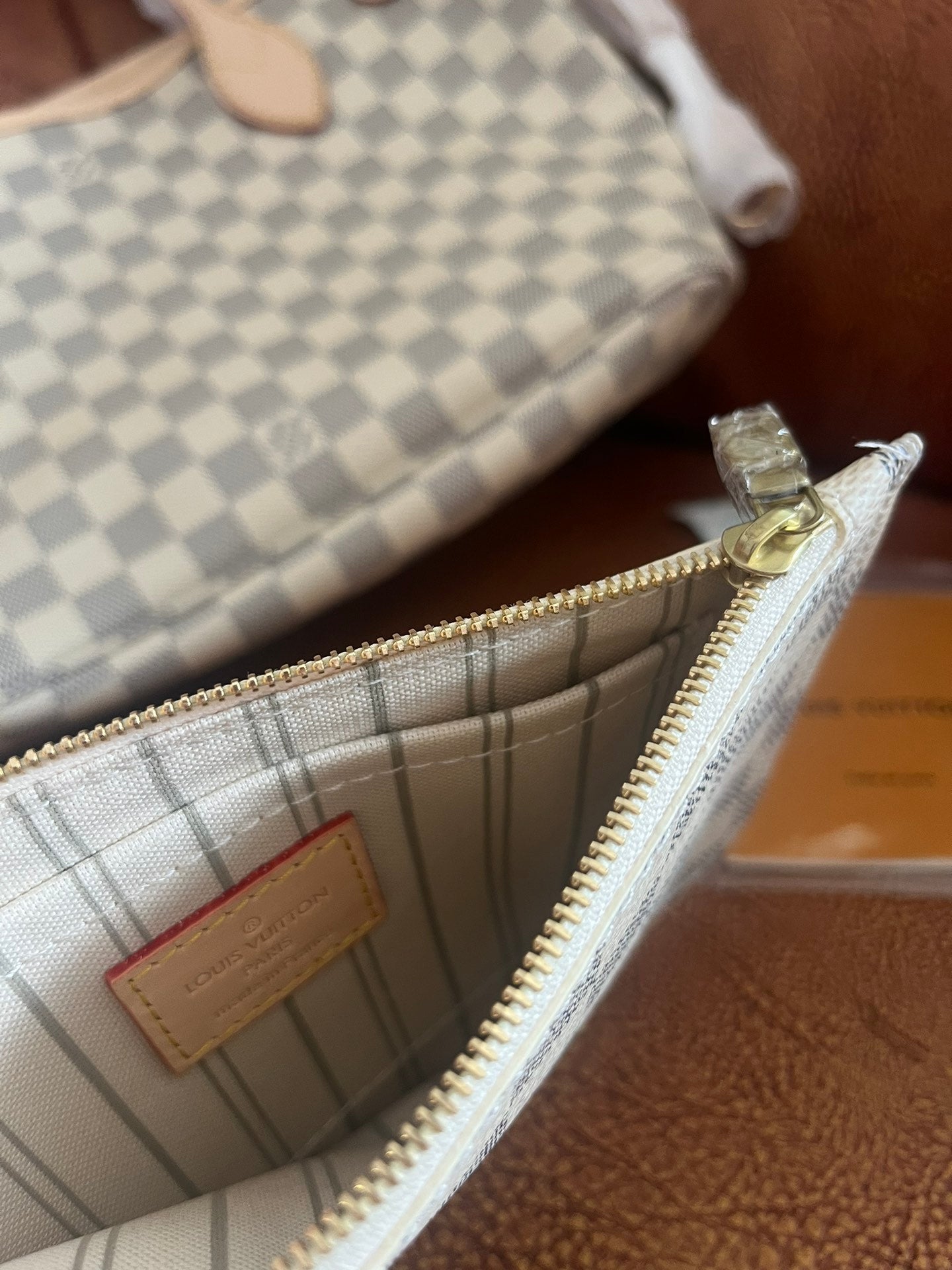 Damier Azur Checkered Tote Bag with Matching Pouch - White and Grey Shoulder Bag