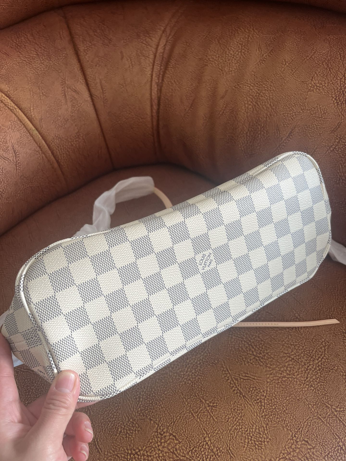 Damier Azur Checkered Tote Bag with Matching Pouch - White and Grey Shoulder Bag