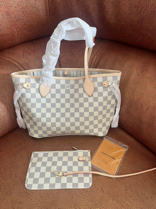 Damier Azur Checkered Tote Bag with Matching Pouch - White and Grey Shoulder Bag