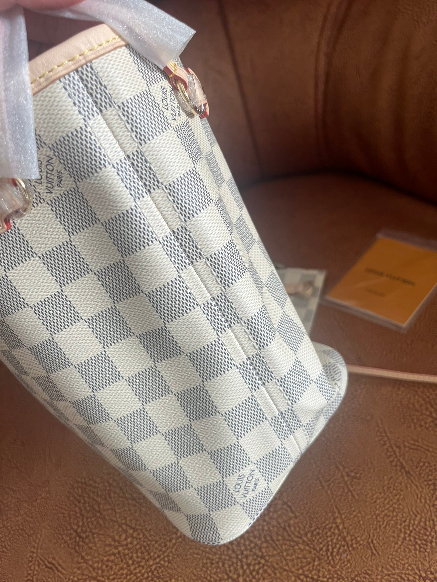 Damier Azur Checkered Tote Bag with Matching Pouch - White and Grey Shoulder Bag