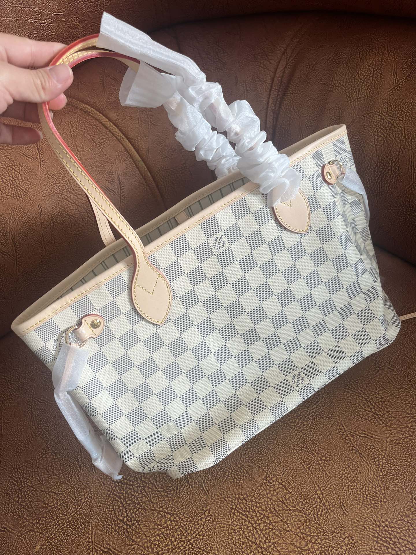 Damier Azur Checkered Tote Bag with Matching Pouch - White and Grey Shoulder Bag