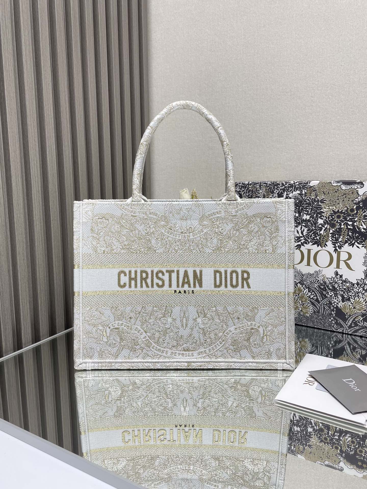 Christian Dior Large Book Tote - White and Gold Embroidered Canvas