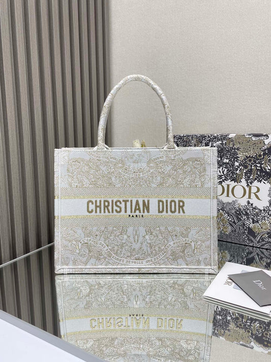 Christian Dior Large Book Tote - White and Gold Embroidered Canvas
