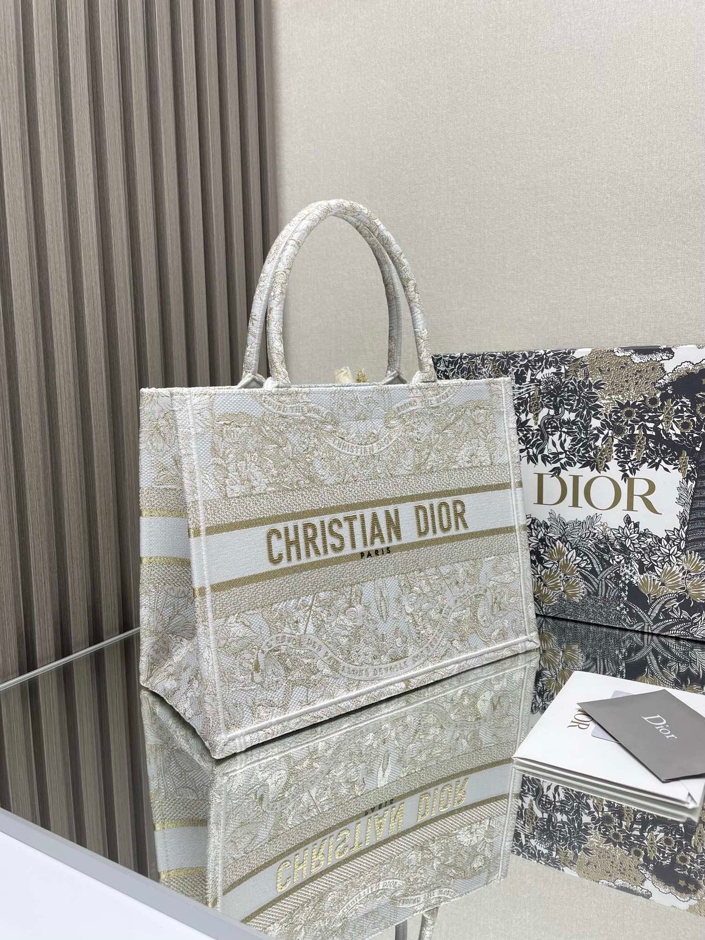 Christian Dior Large Book Tote - White and Gold Embroidered Canvas