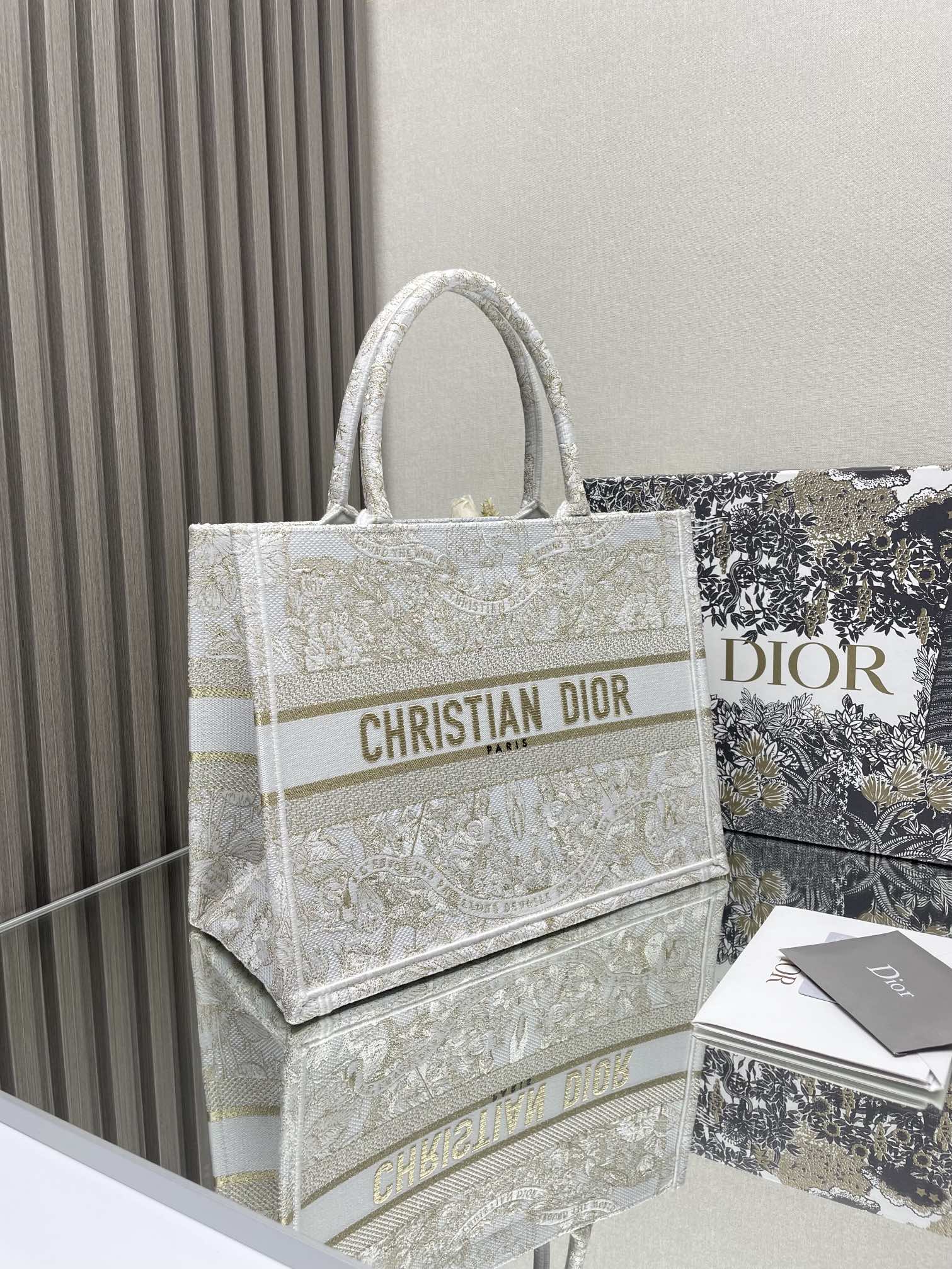 Christian Dior Large Book Tote - White and Gold Embroidered Canvas