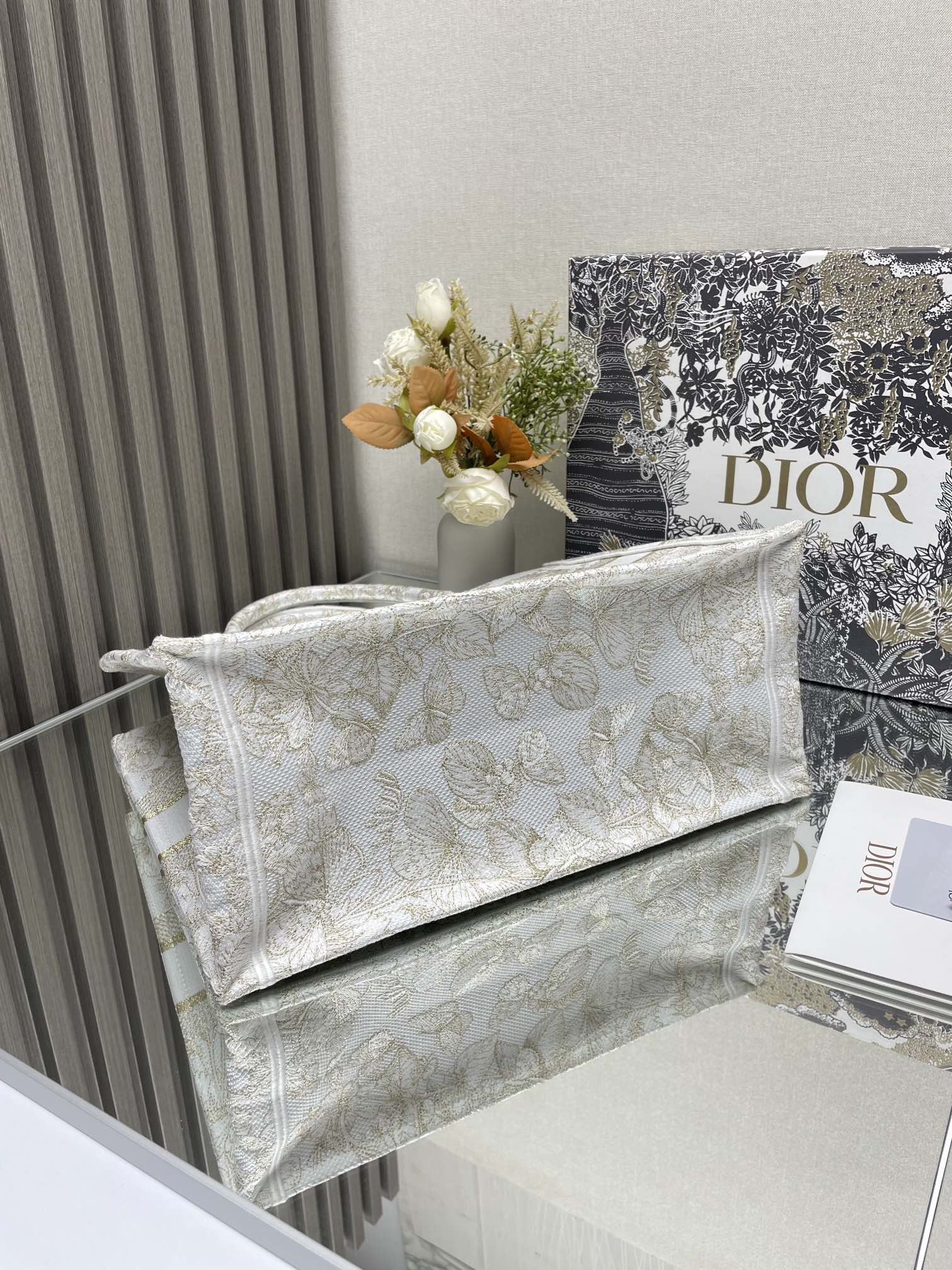 Christian Dior Large Book Tote - White and Gold Embroidered Canvas