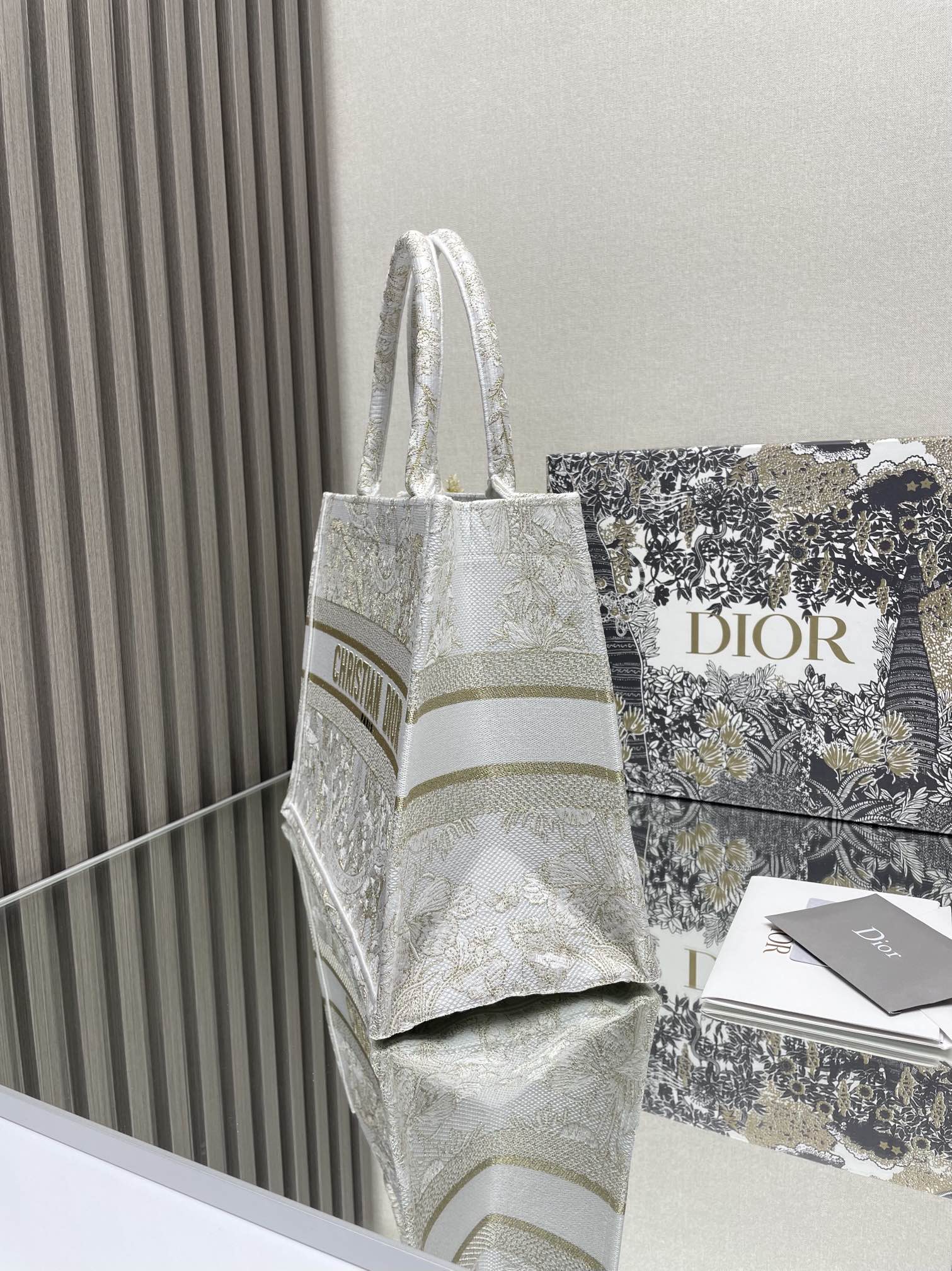 Christian Dior Large Book Tote - White and Gold Embroidered Canvas