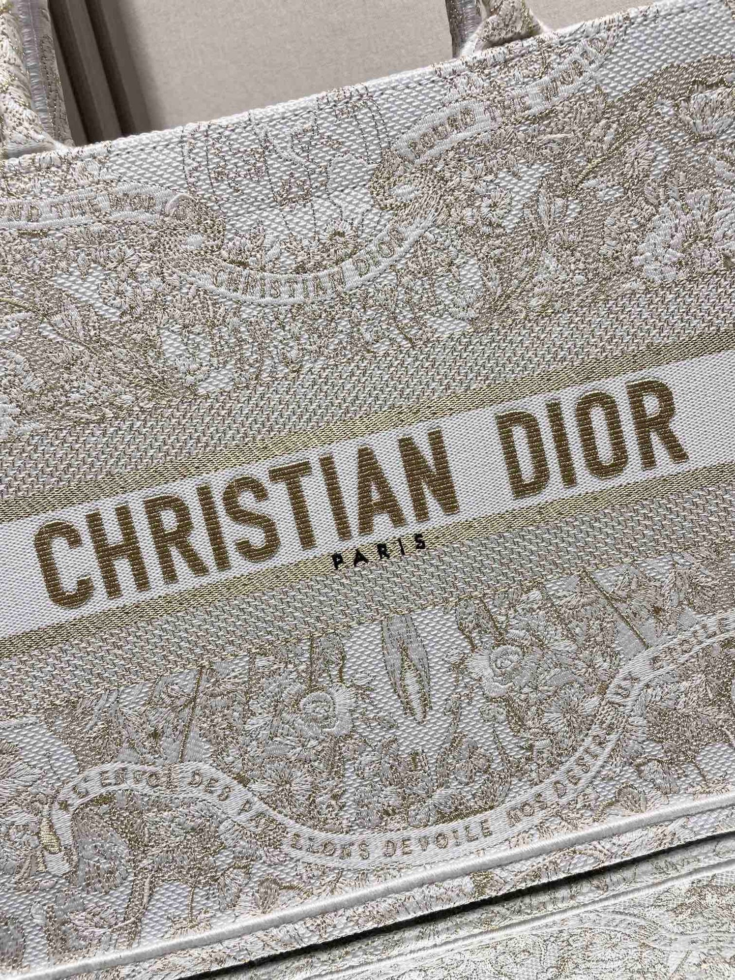 Christian Dior Large Book Tote - White and Gold Embroidered Canvas