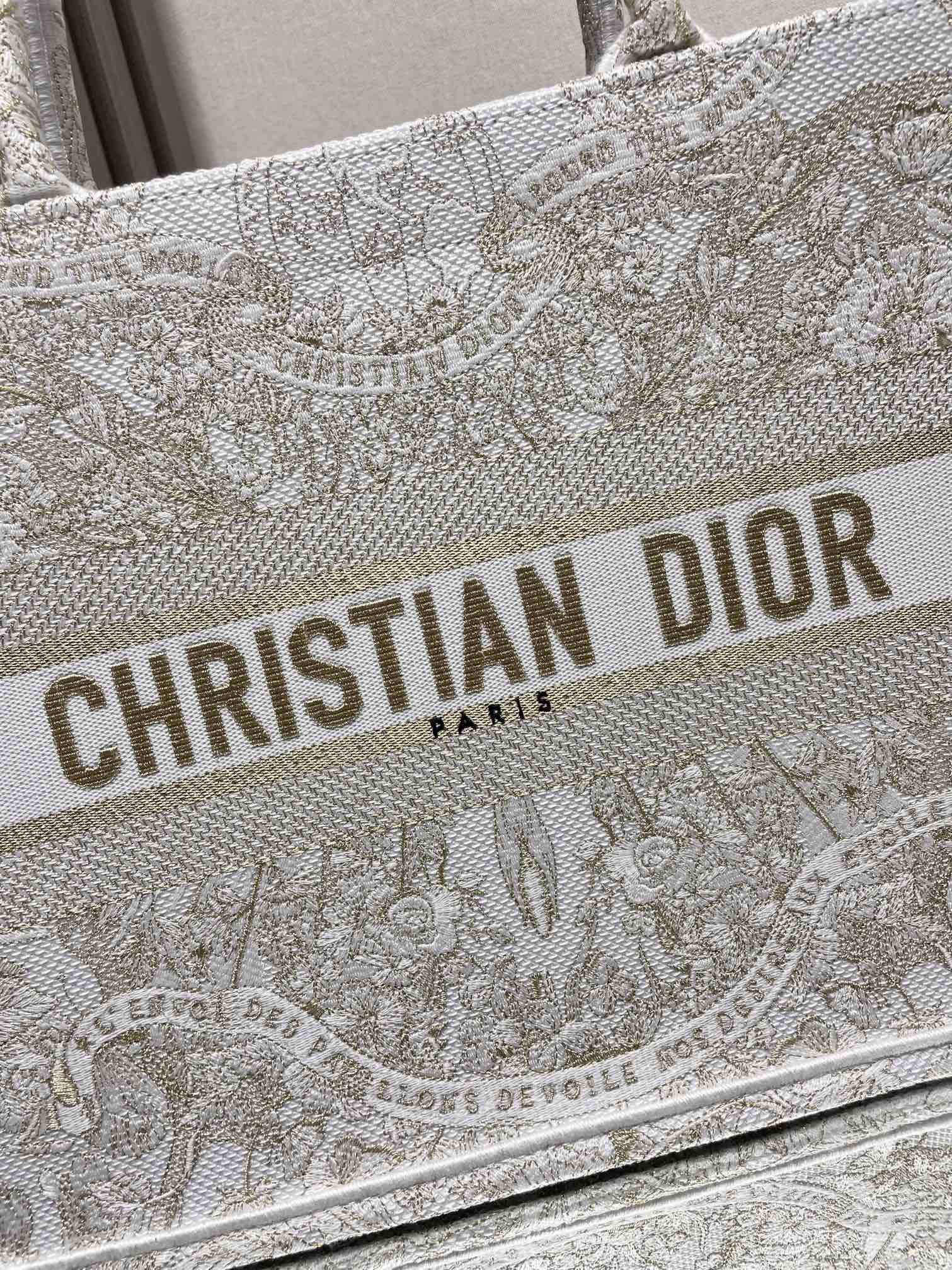 Christian Dior Large Book Tote - White and Gold Embroidered Canvas