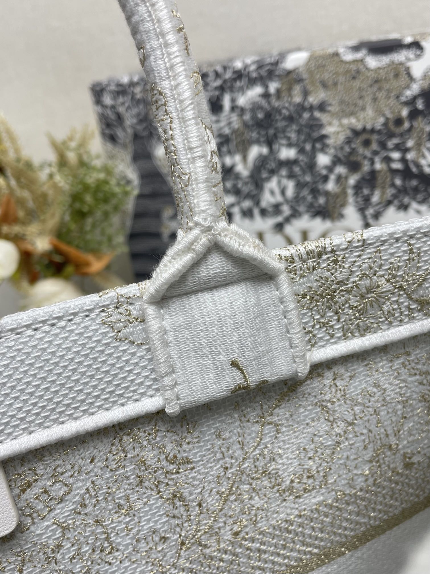 Christian Dior Large Book Tote - White and Gold Embroidered Canvas
