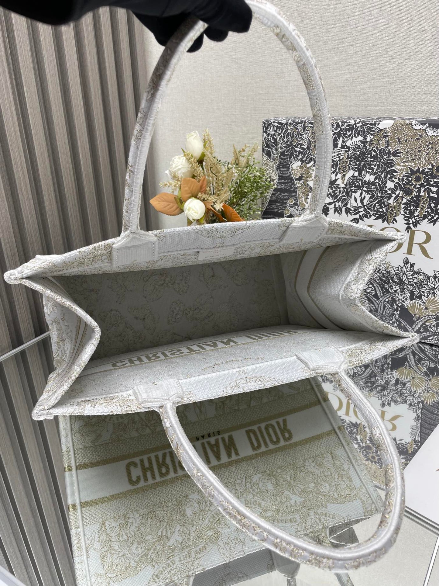 Christian Dior Large Book Tote - White and Gold Embroidered Canvas