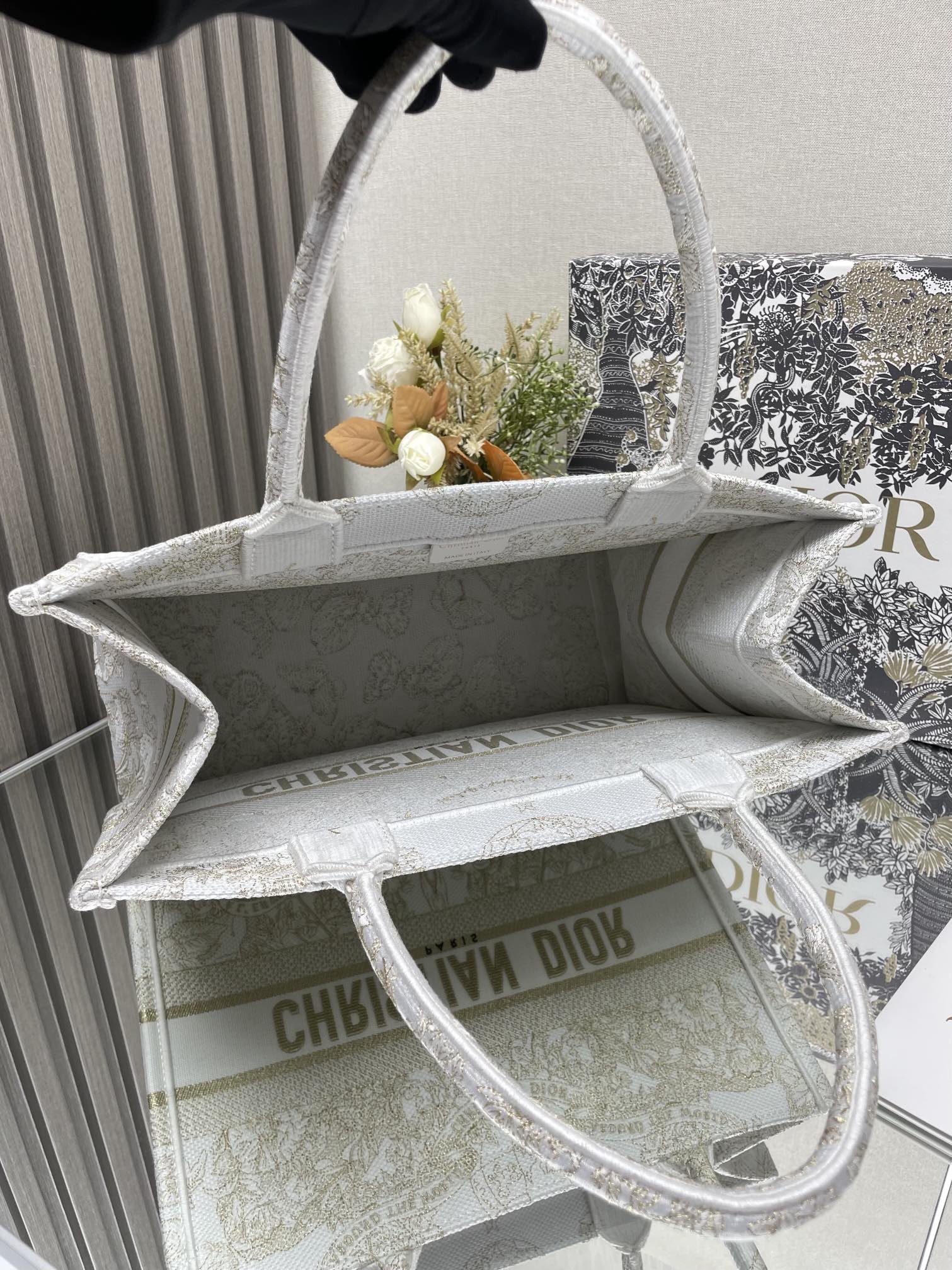 Christian Dior Large Book Tote - White and Gold Embroidered Canvas