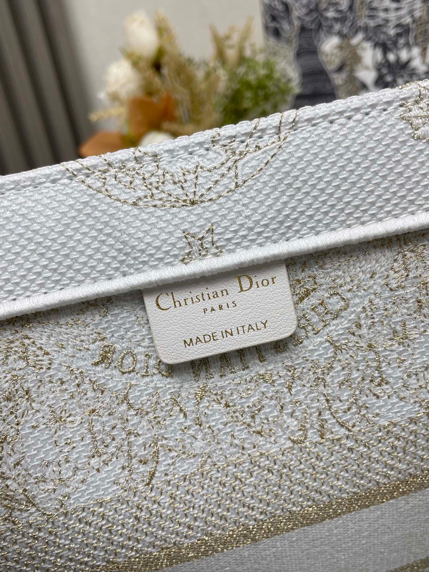 Christian Dior Large Book Tote - White and Gold Embroidered Canvas