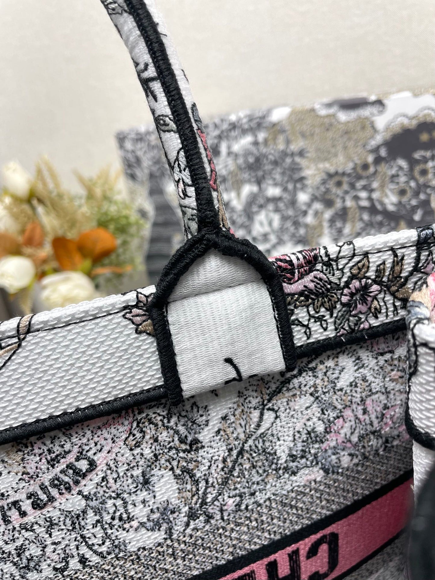 Christian Dior Medium Book Tote - Grey, White, and Pink Toile de Jouy Embroidery