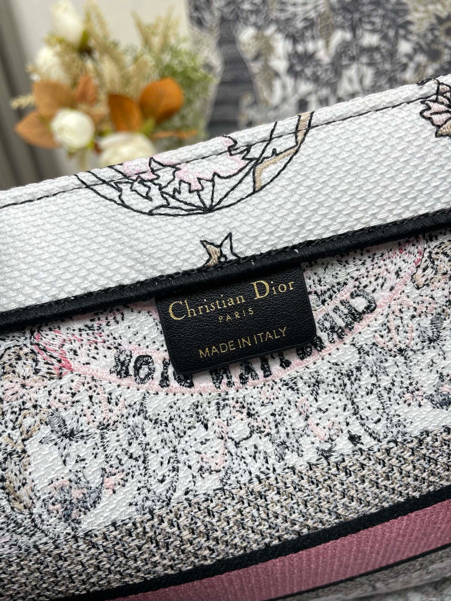 Christian Dior Medium Book Tote - Grey, White, and Pink Toile de Jouy Embroidery