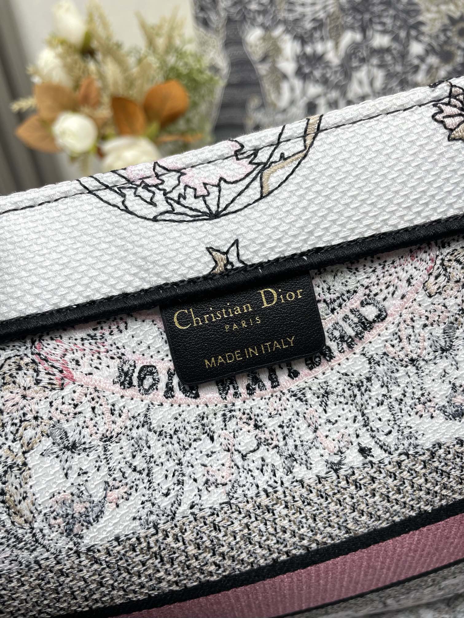 Christian Dior Medium Book Tote - Grey, White, and Pink Toile de Jouy Embroidery