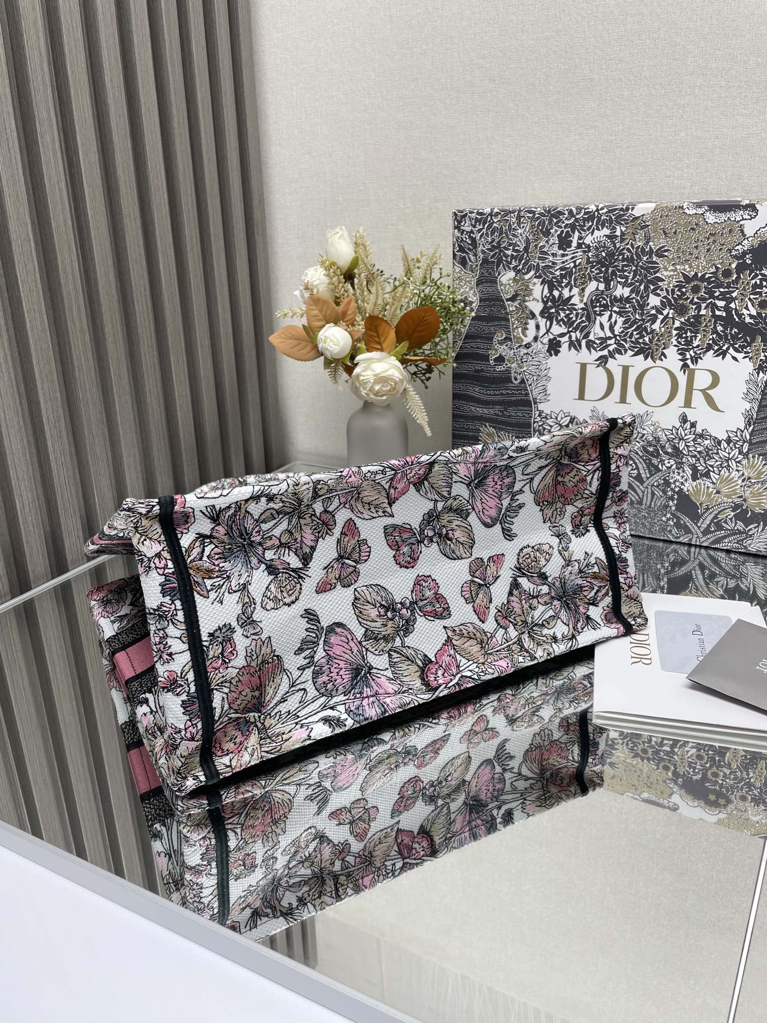 Christian Dior Medium Book Tote - Grey, White, and Pink Toile de Jouy Embroidery
