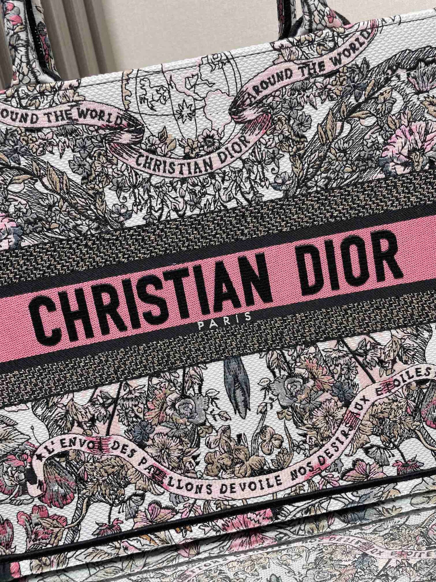 Christian Dior Medium Book Tote - Grey, White, and Pink Toile de Jouy Embroidery