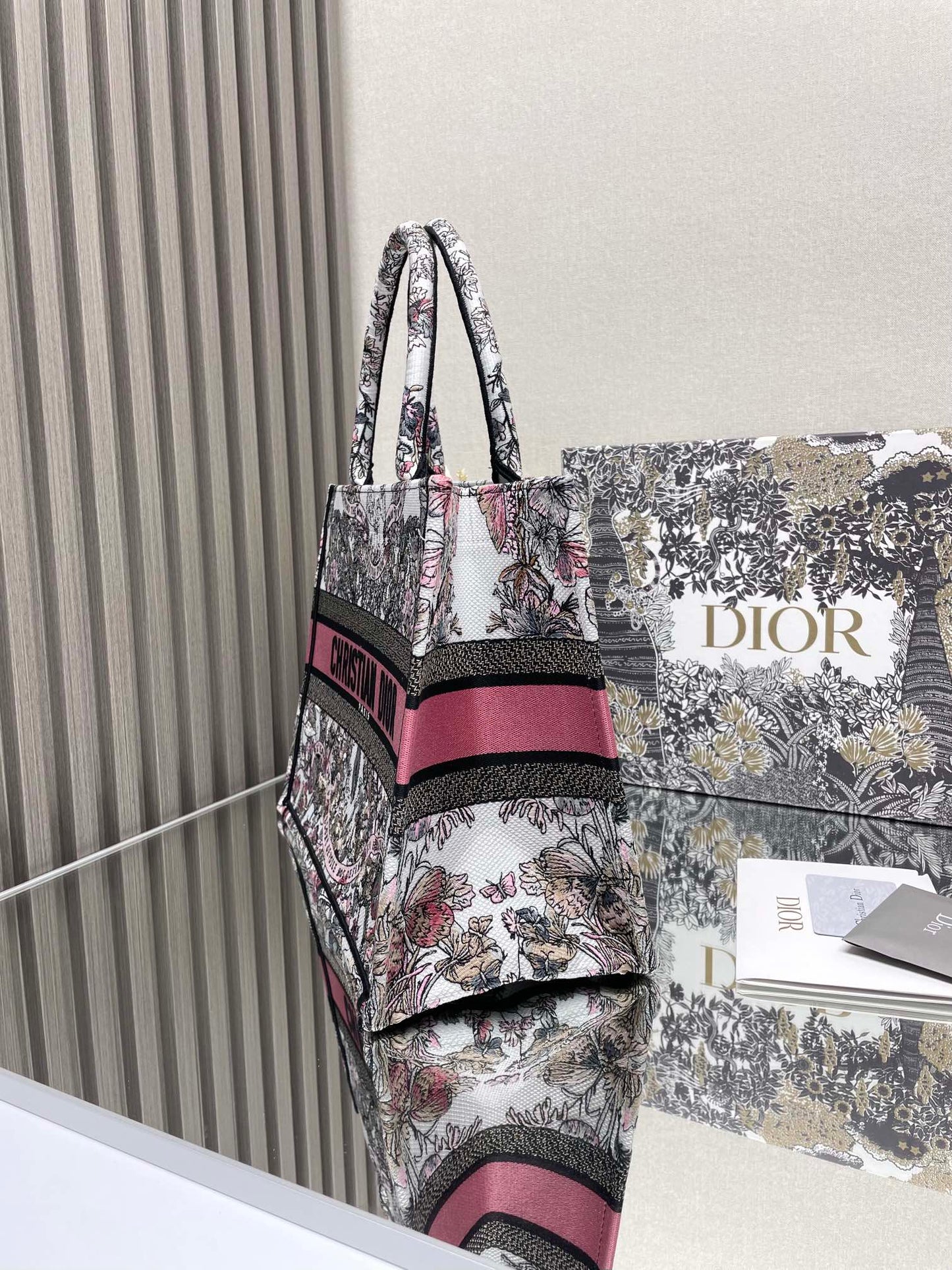 Dior Elegant Pink and Black Floral Tapestry Canvas Tote Handbag