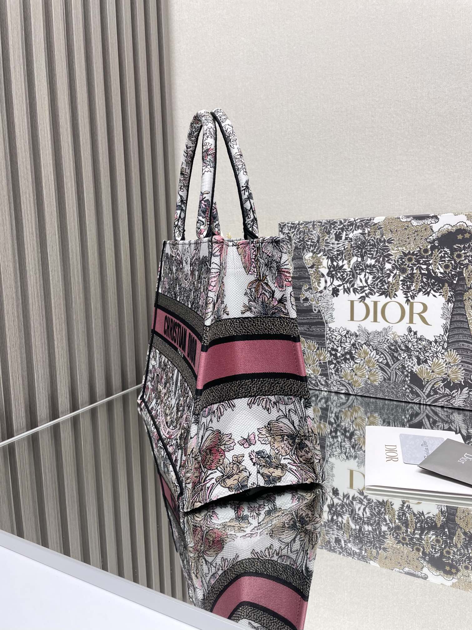 Dior Elegant Pink and Black Floral Tapestry Canvas Tote Handbag