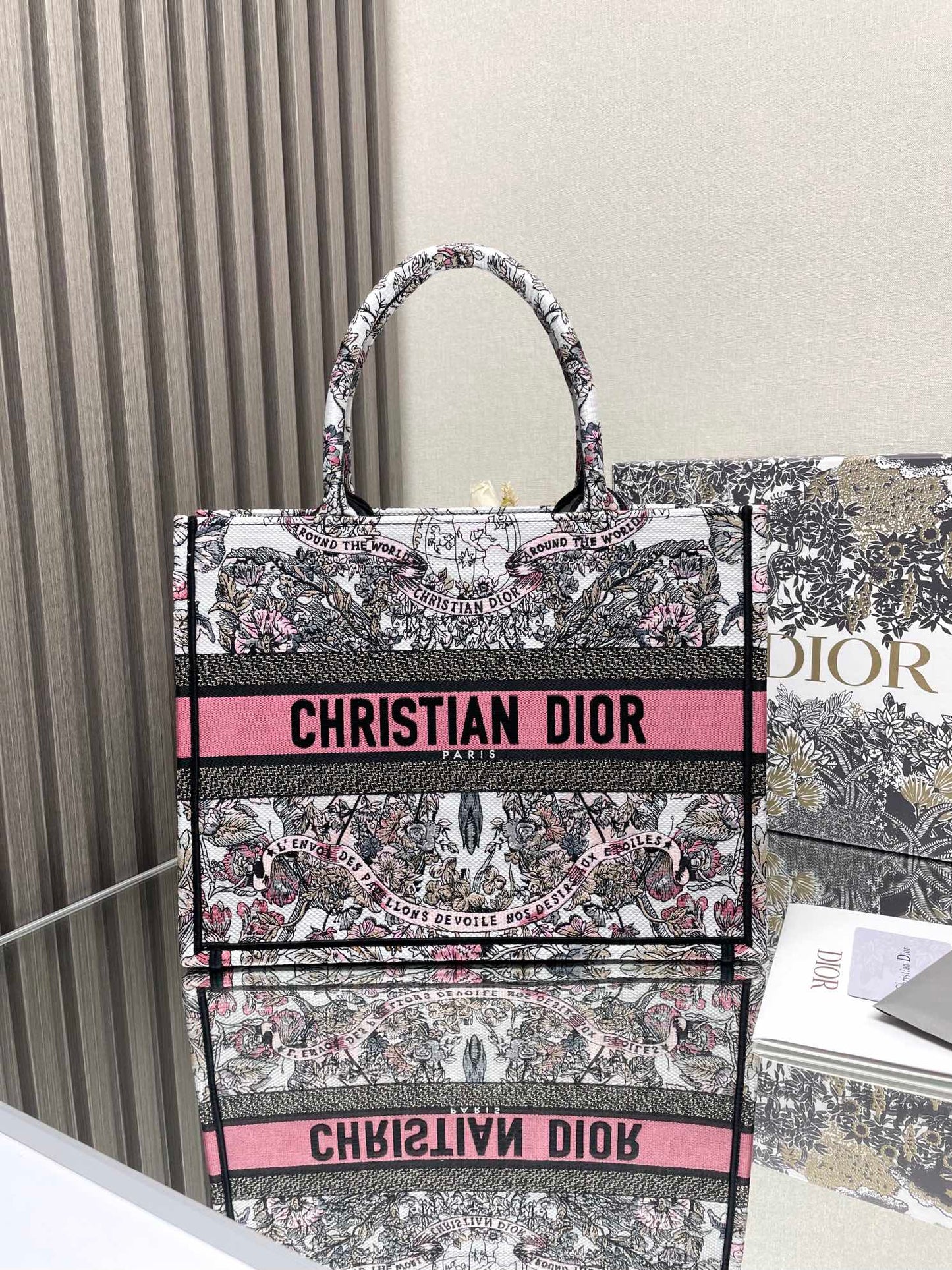 Christian Dior Medium Book Tote - Grey, White, and Pink Toile de Jouy Embroidery