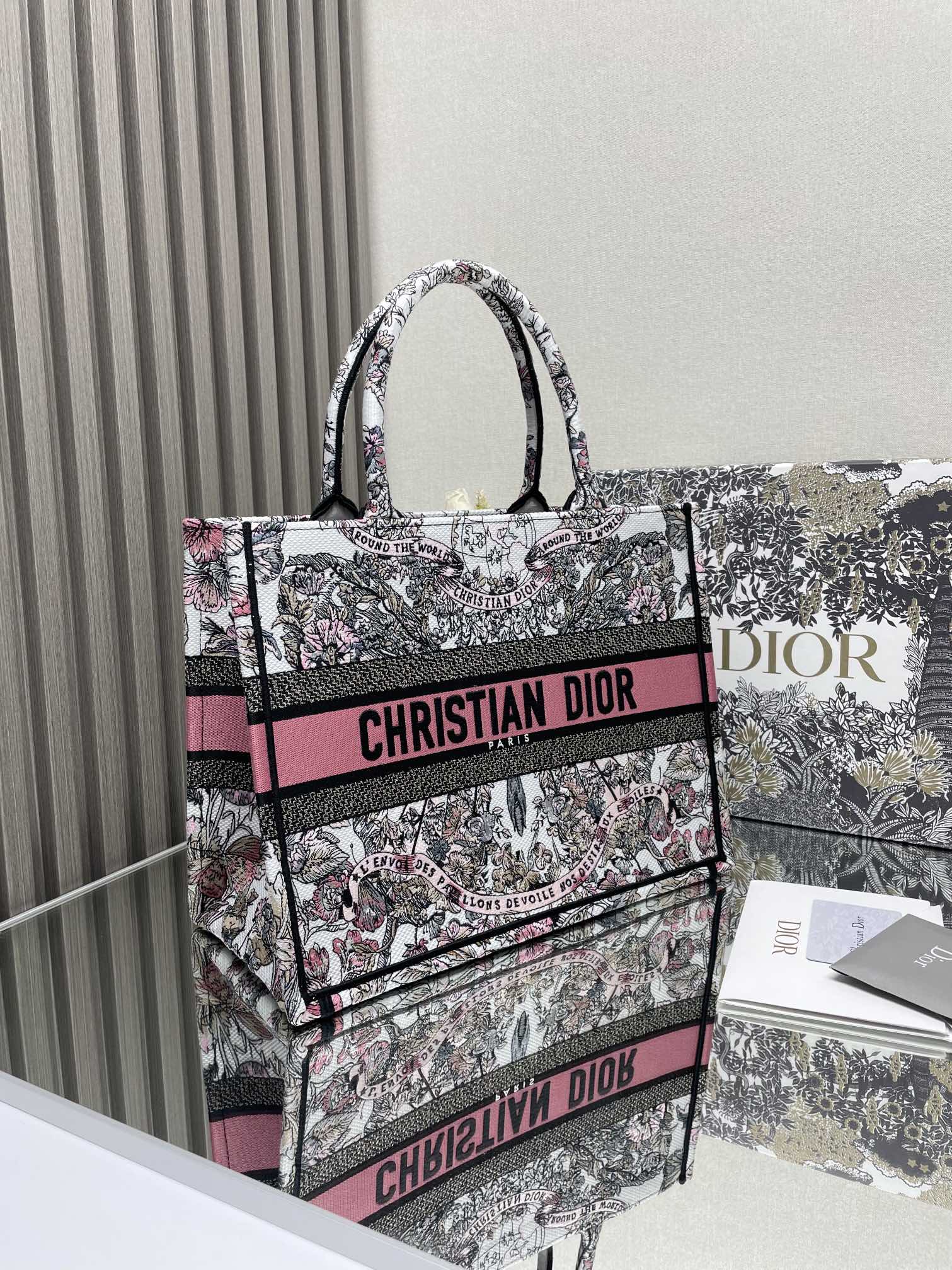 Christian Dior Medium Book Tote - Grey, White, and Pink Toile de Jouy Embroidery
