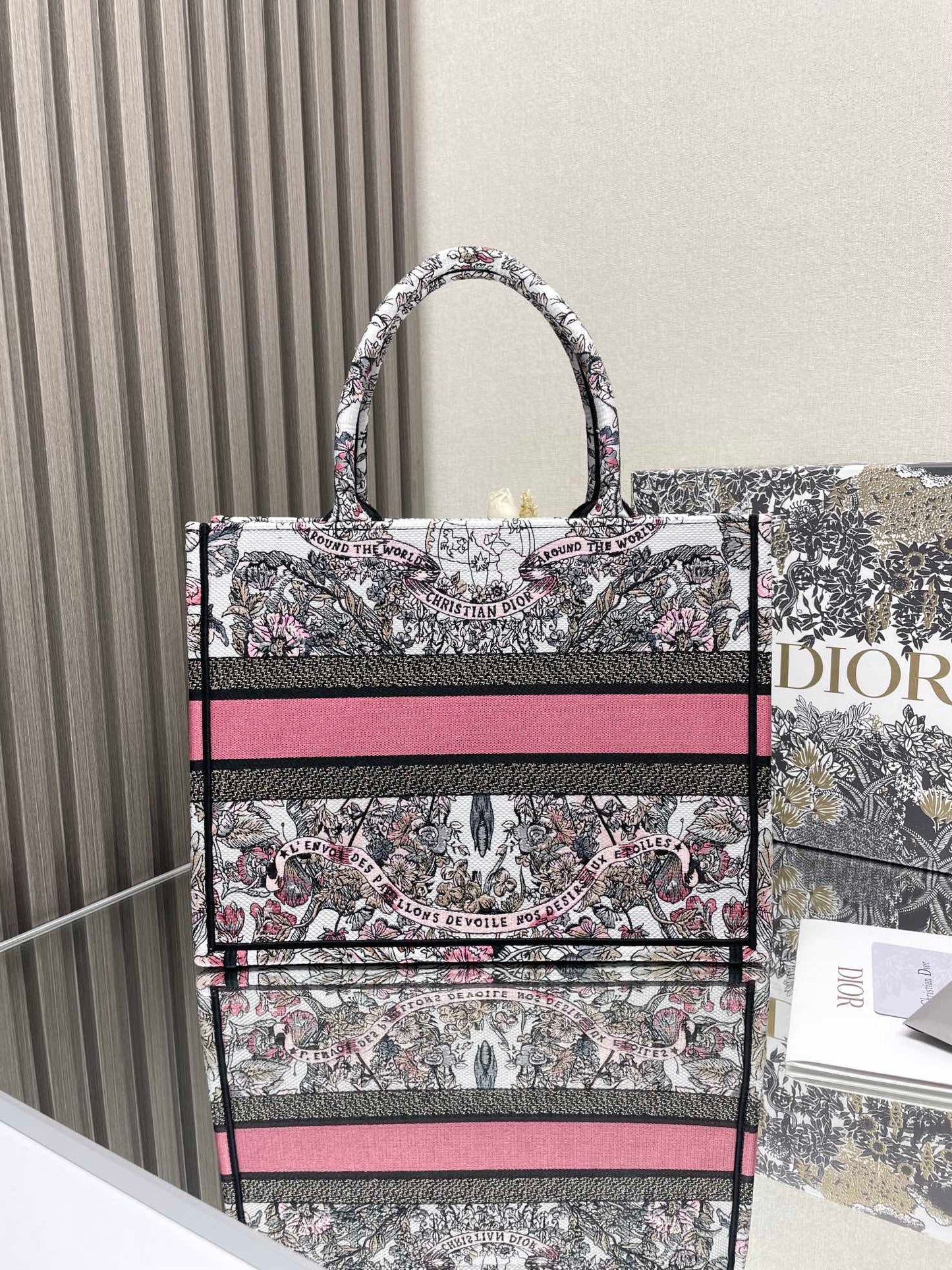 Christian Dior Medium Book Tote - Grey, White, and Pink Toile de Jouy Embroidery