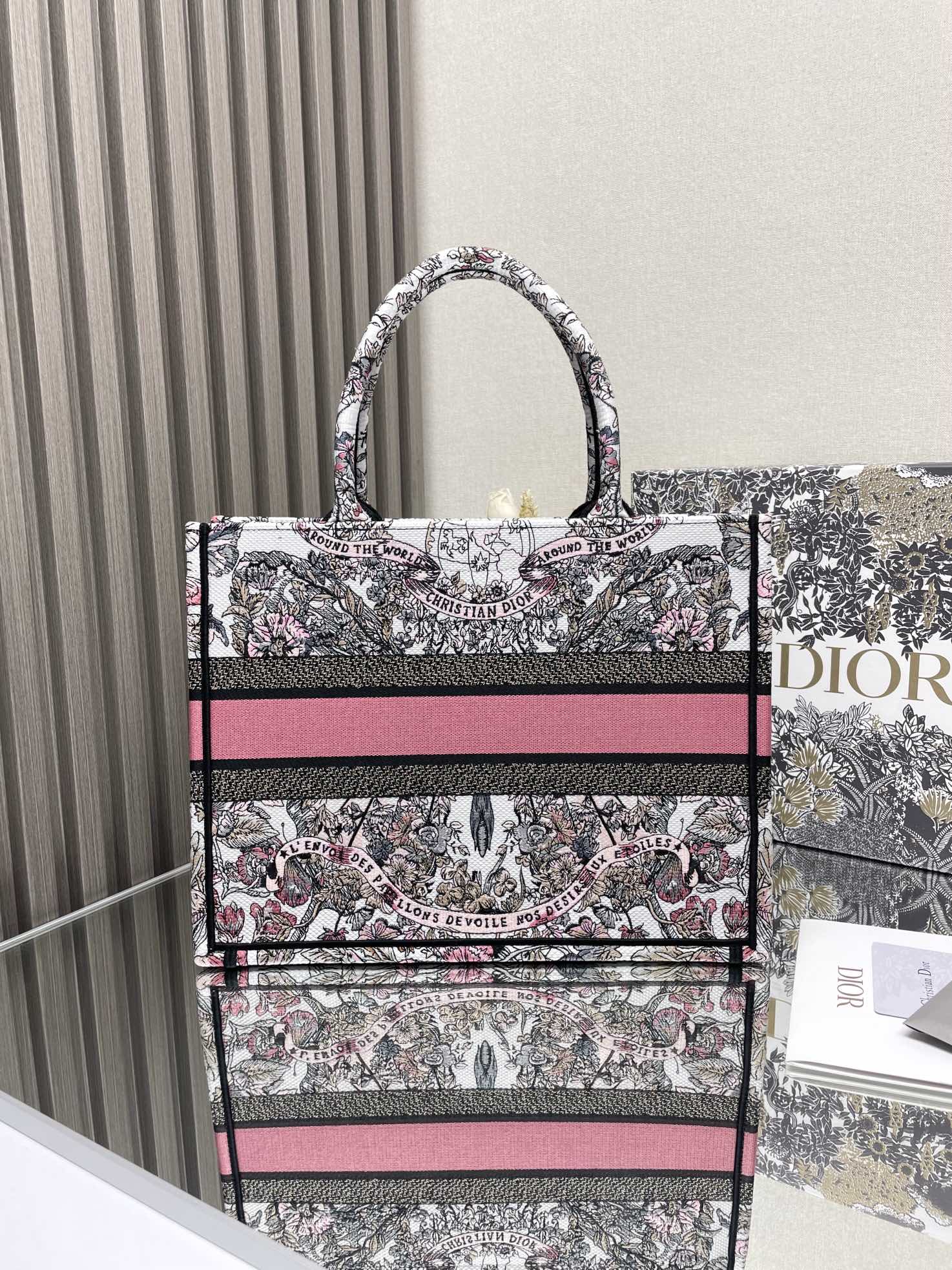 Christian Dior Medium Book Tote - Grey, White, and Pink Toile de Jouy Embroidery