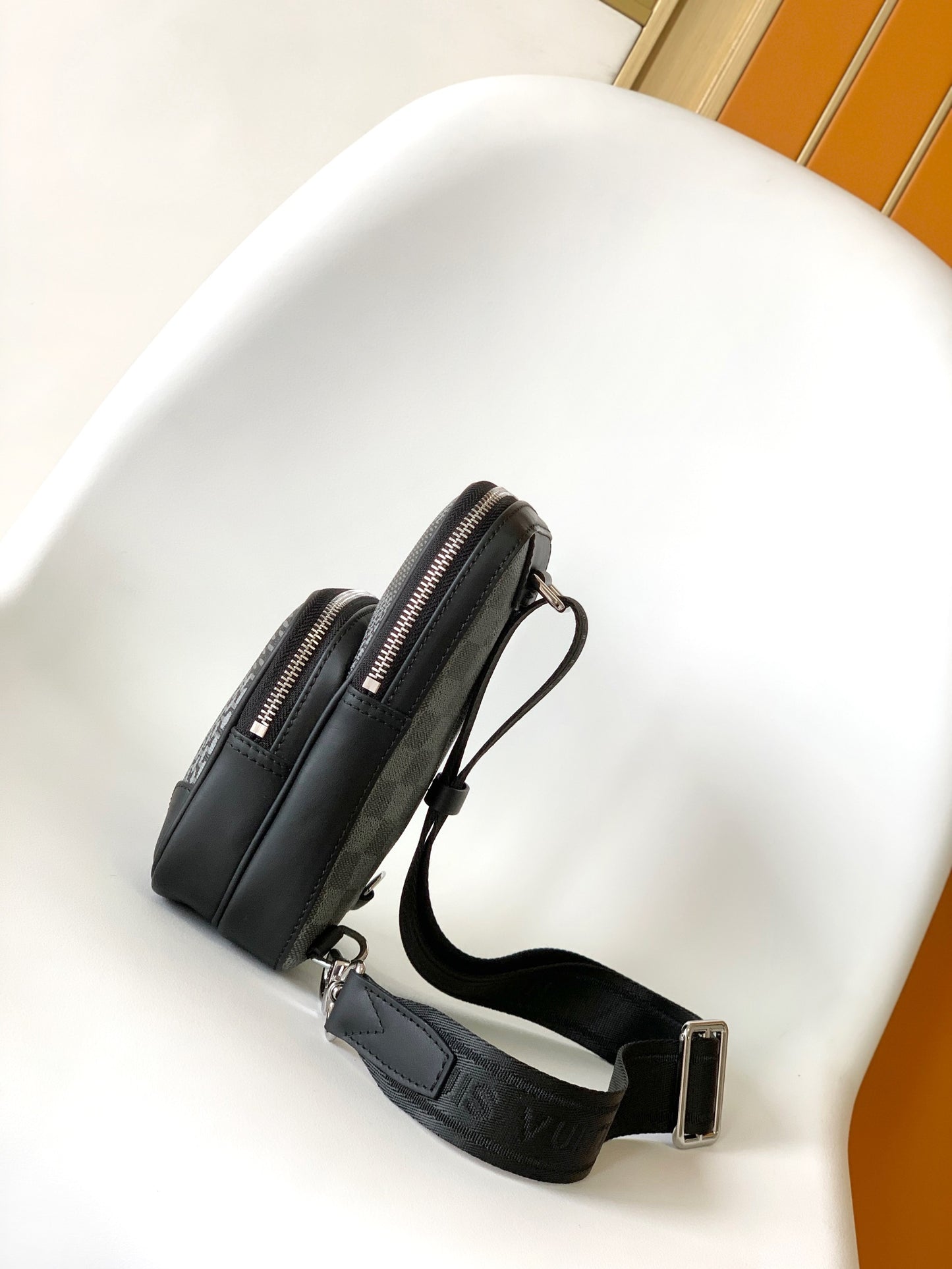 Louis Vuitton Men's Black and Grey Checkerboard Sling Crossbody Chest Bag