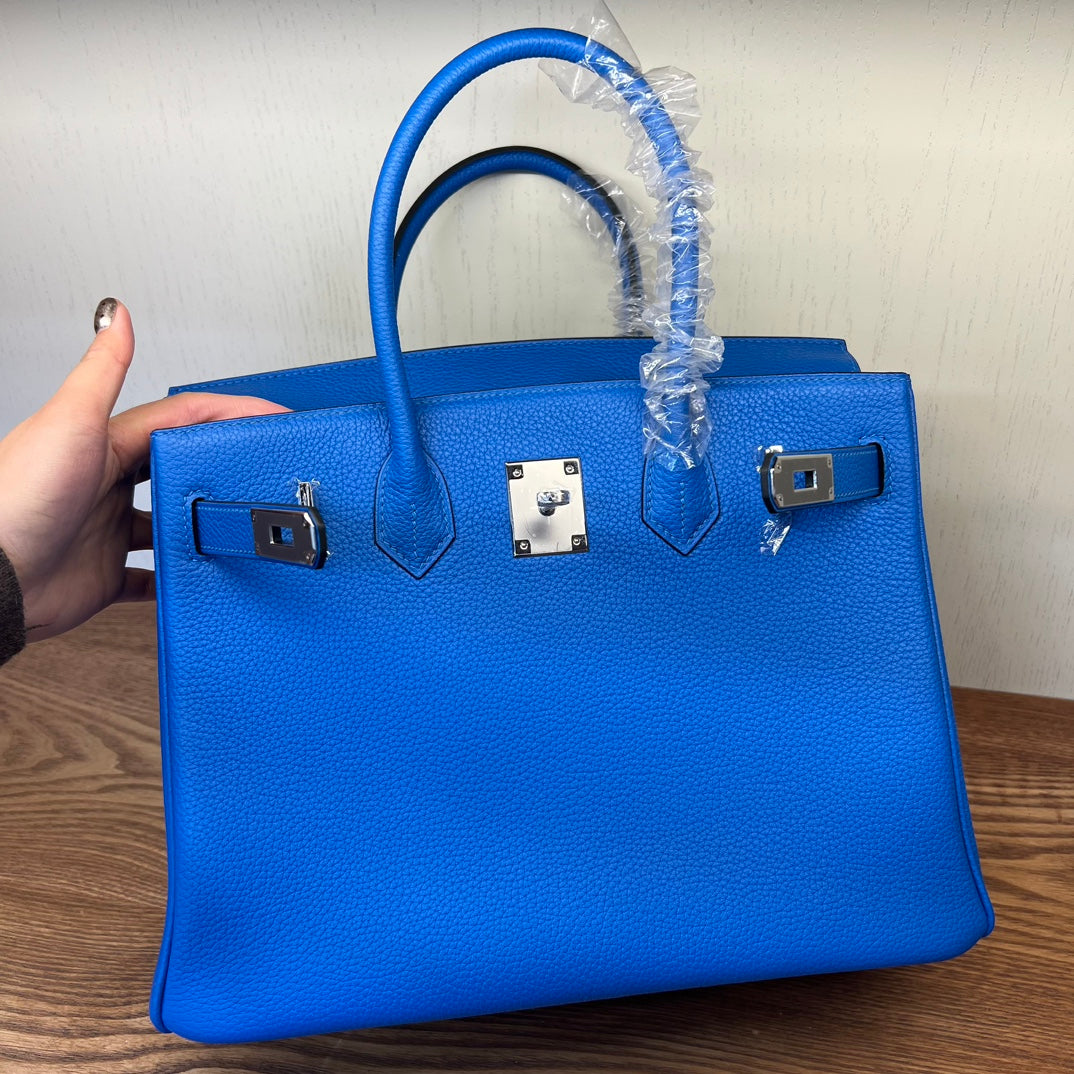 Electric Blue Leather Birkin Style Handbag - Elegant Top-Handle Tote with Silver Hardware