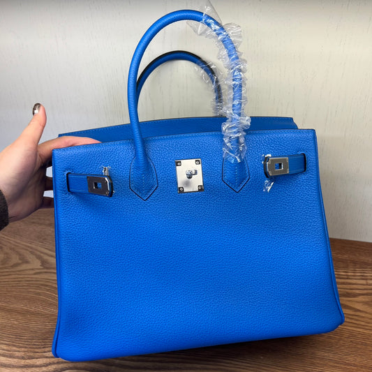 Electric Blue Leather Birkin Style Handbag - Elegant Top-Handle Tote with Silver Hardware
