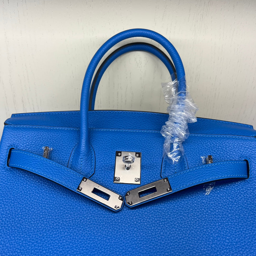 Electric Blue Leather Birkin Style Handbag - Elegant Top-Handle Tote with Silver Hardware