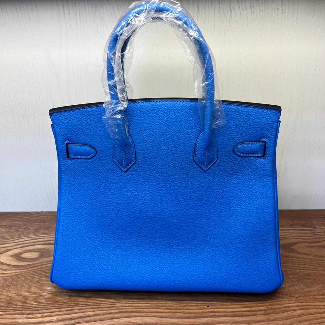 Electric Blue Leather Birkin Style Handbag - Elegant Top-Handle Tote with Silver Hardware