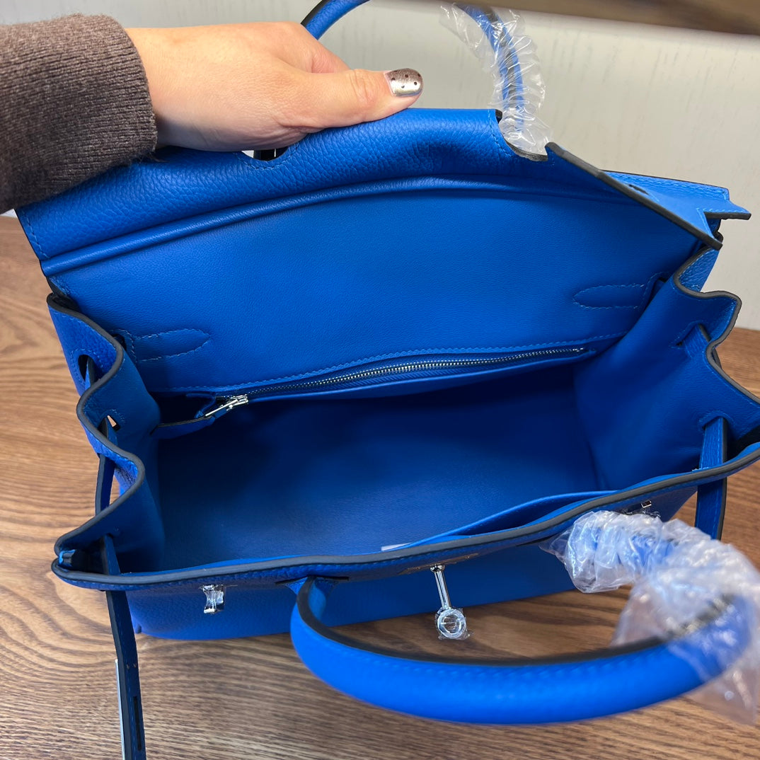 Electric Blue Leather Birkin Style Handbag - Elegant Top-Handle Tote with Silver Hardware