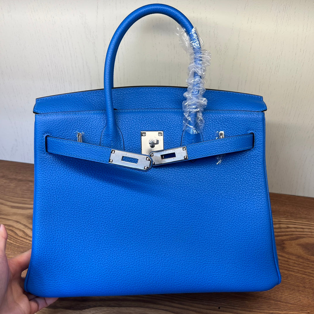 Electric Blue Leather Birkin Style Handbag - Elegant Top-Handle Tote with Silver Hardware